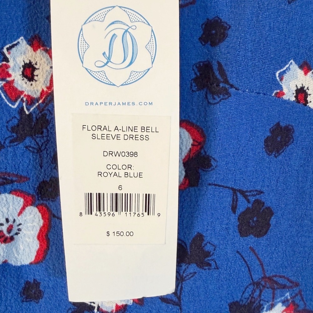 Draper James Royal Blue Floral A-Line Bell Sleeve Dress Size 6 NWT - Picture 4 of 10